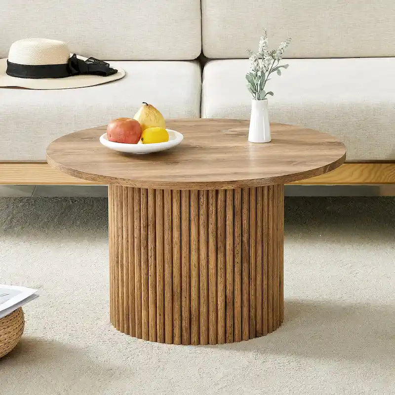 Modern Round Coffee Table with Cylindrical Legs Wooden Center Table with Concealed Storage Space Living Room Tea Table