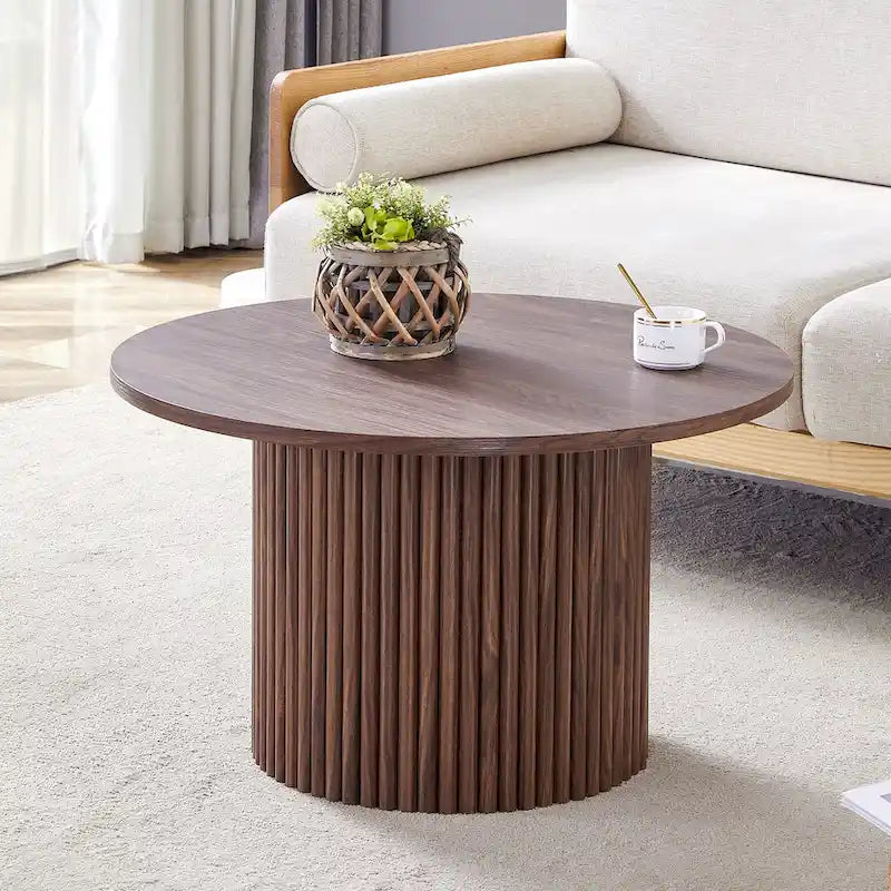 Modern Round Coffee Table with Cylindrical Legs Wooden Center Table with Concealed Storage Space Living Room Tea Table