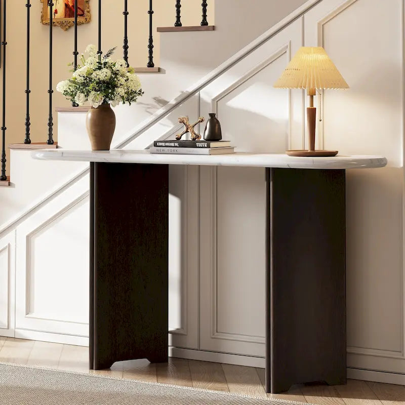 Oval Faux Marble Top Console Table Entryway Table, Narrow Sofa Table Hallway Accent Table with Triangular Base