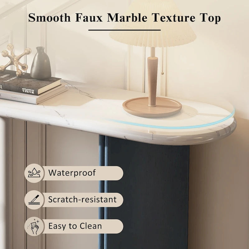 Oval Faux Marble Top Console Table Entryway Table, Narrow Sofa Table Hallway Accent Table with Triangular Base