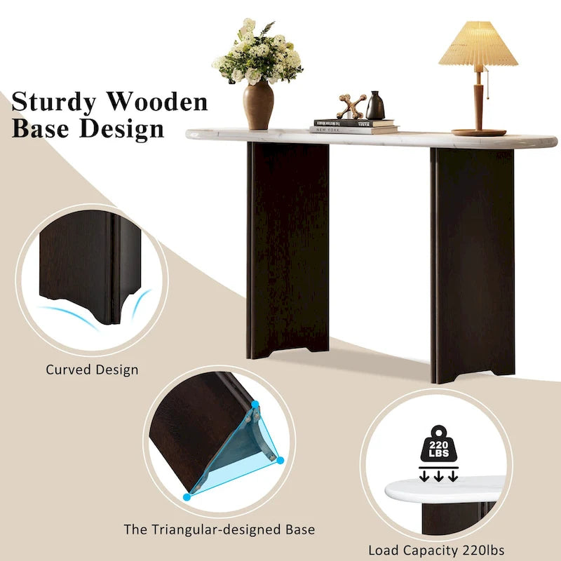 Oval Faux Marble Top Console Table Entryway Table, Narrow Sofa Table Hallway Accent Table with Triangular Base