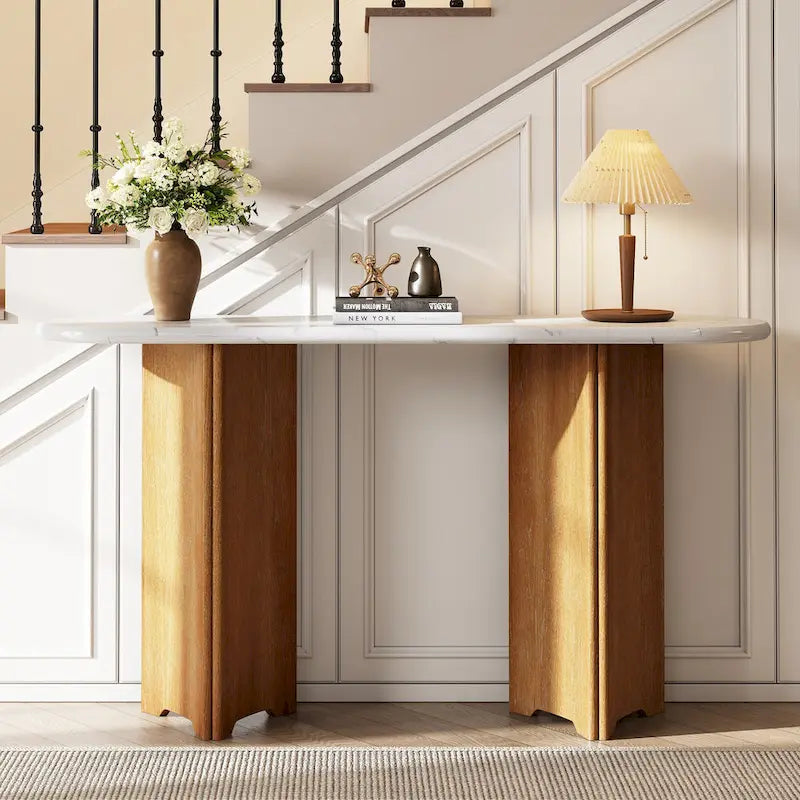 Oval Faux Marble Top Console Table Entryway Table, Narrow Sofa Table Hallway Accent Table with Triangular Base
