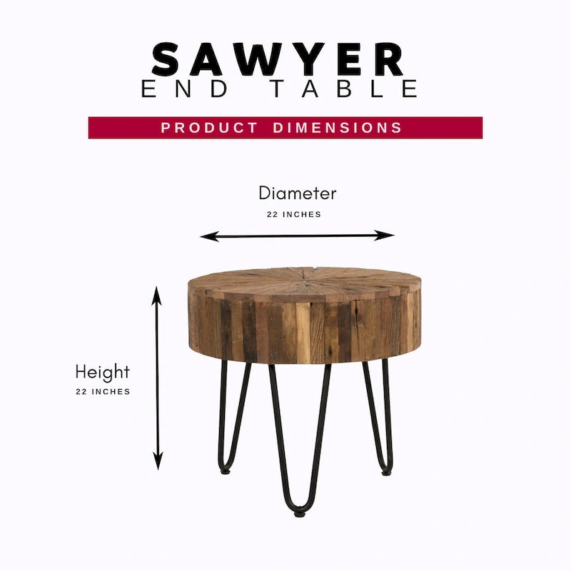 Sawyer 22 in. Round Reclaimed Wood Accent End Table with Black Hairpin Metal Legs