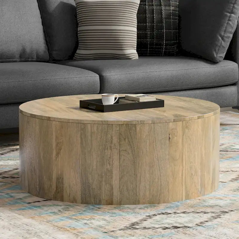 WYNDENHALL Hillmount SOLID MANGO WOOD 36 inch Wide Round Contemporary Drum Coffee Table & Fully Assembled - 36d x 36 w x 14h