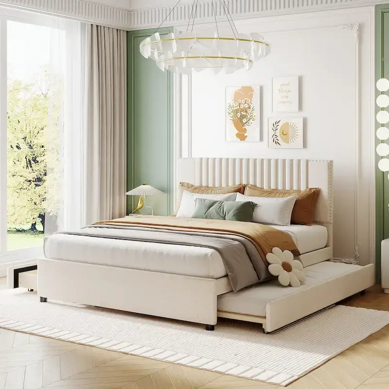 Upholstered Platform Bed with 2 Drawers and 1 Twin XL Trundle