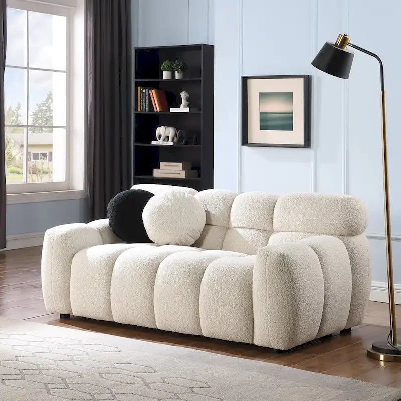 64.96 length ,35.83 deepth ,human body structure for USA people, marshmallow sofa,boucle sofa ,2 seater, BEIGE BOUCLE