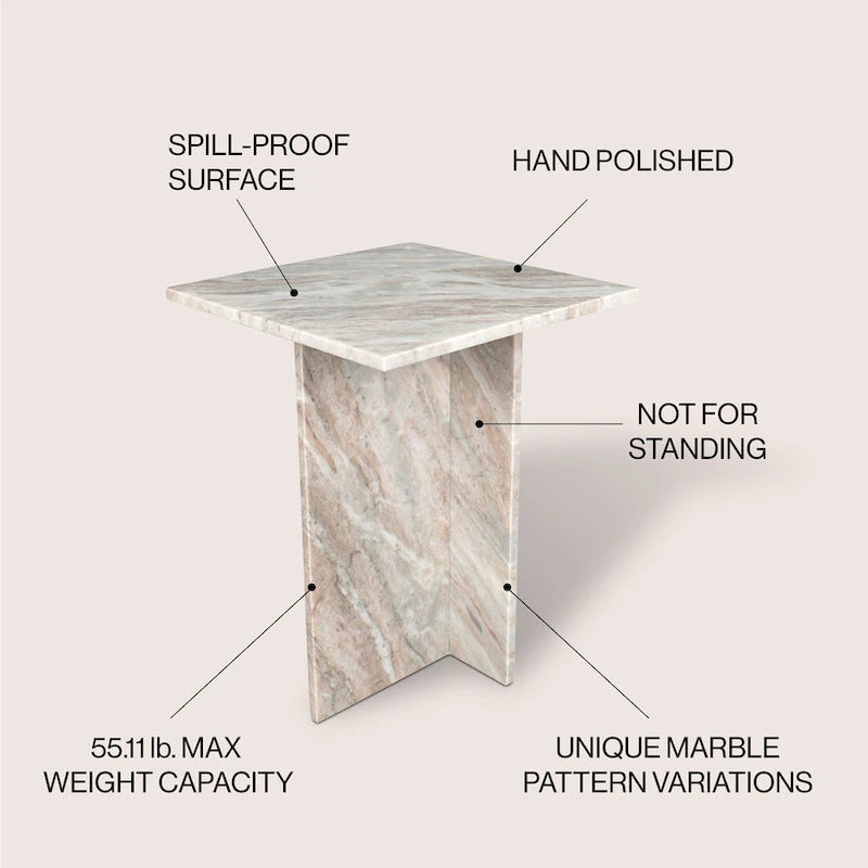 Venus 18.5 Contemporary Natural Marble Handmade T-Shaped End Table, Gray/Beige.