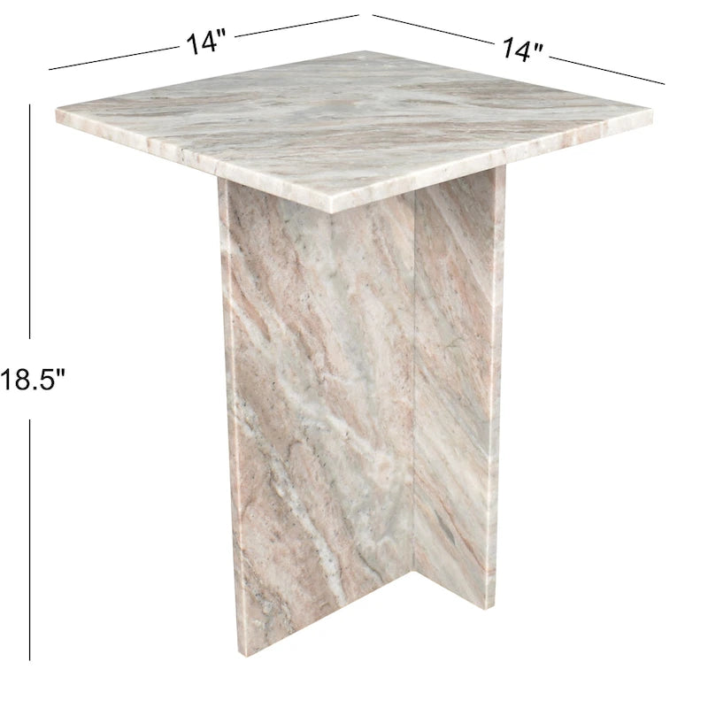 Venus 18.5 Contemporary Natural Marble Handmade T-Shaped End Table, Gray/Beige.