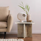Venus 18.5 Contemporary Natural Marble Handmade T-Shaped End Table, Gray/Beige.