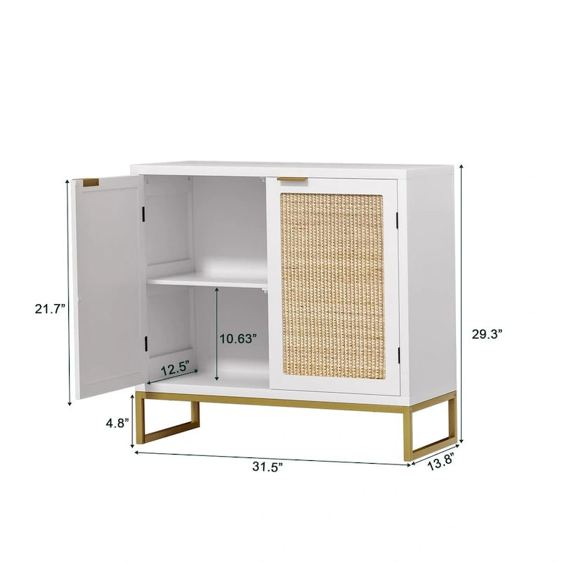 Modern 2-Door White Rattan Buffet Sideboard Wood Kitchen Accent Storage Cabinet