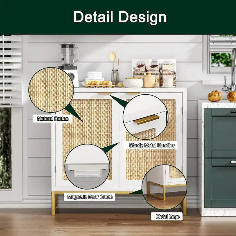 Modern 2-Door White Rattan Buffet Sideboard Wood Kitchen Accent Storage Cabinet
