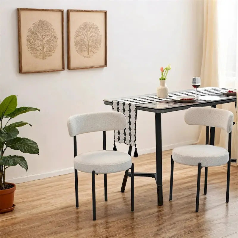Boucle Dining Chairs,Mid-Century Modern Curved Backrest Chair,2 PCS