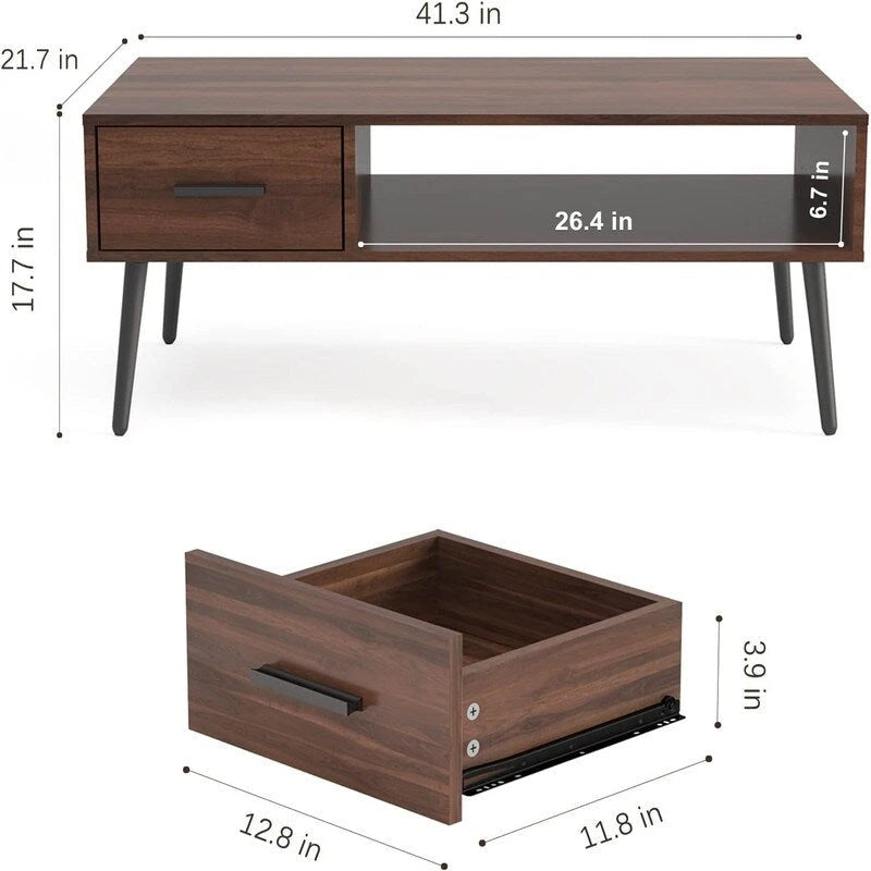 Mid Century Modern Style Cocktail Table TV Stand with Drawer - 41.3D x 21.7W x 17.7H