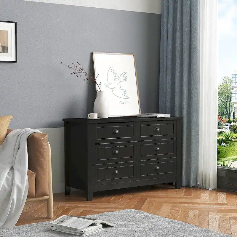 Farmhouse Black Solid Wood Entryway Storage Cabinet with Six Drawers