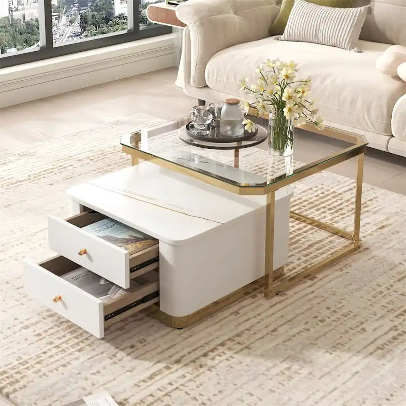 Modern Square Nesting Coffee Table with 2 Drawers (Set of 2)