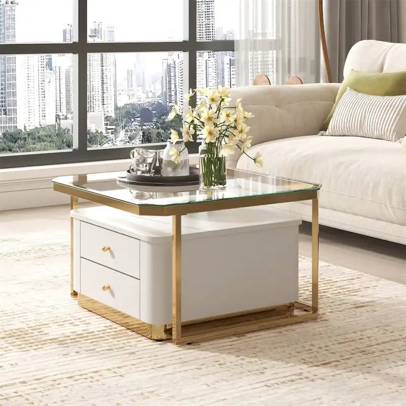Modern Square Nesting Coffee Table with 2 Drawers (Set of 2)