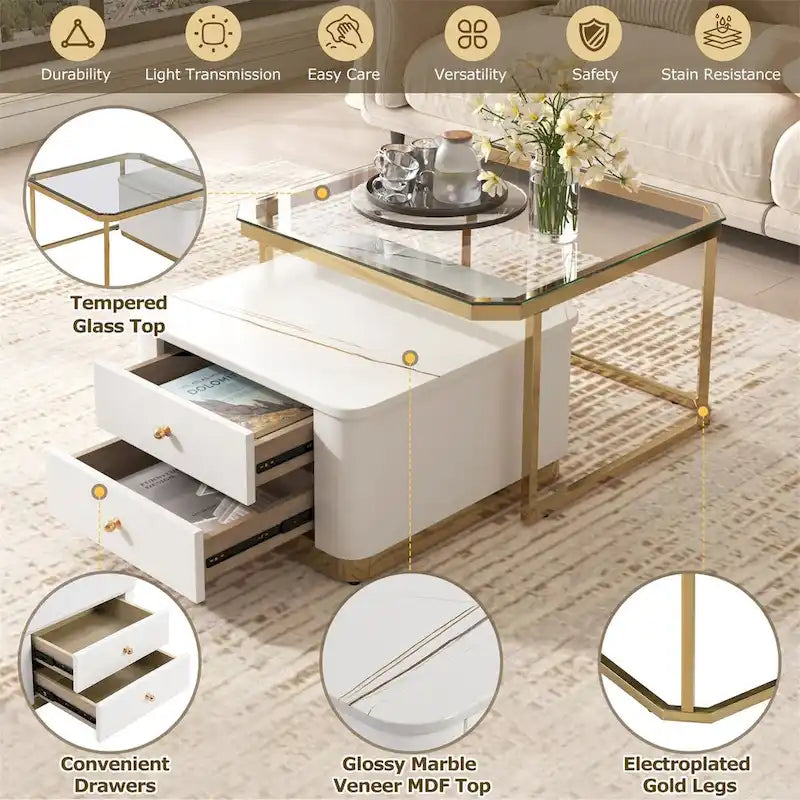 Modern Square Nesting Coffee Table with 2 Drawers (Set of 2)