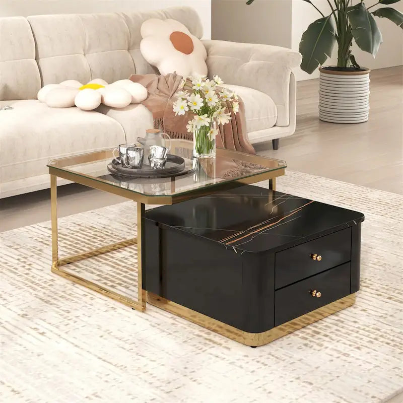 Modern Square Nesting Coffee Table with 2 Drawers (Set of 2)