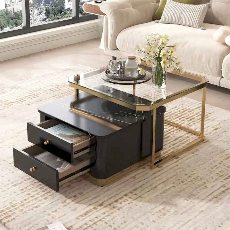 Modern Square Nesting Coffee Table with 2 Drawers (Set of 2)