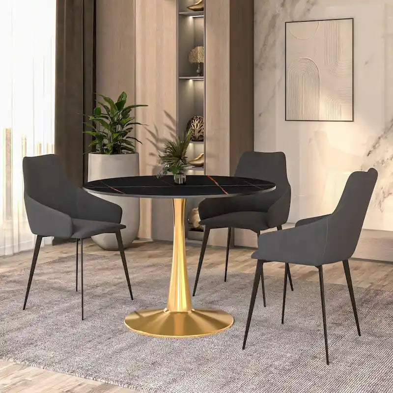 LeisureMod Round Dining Table 40 Sintered Stone Tabletop in Gold Steel Bistro Series