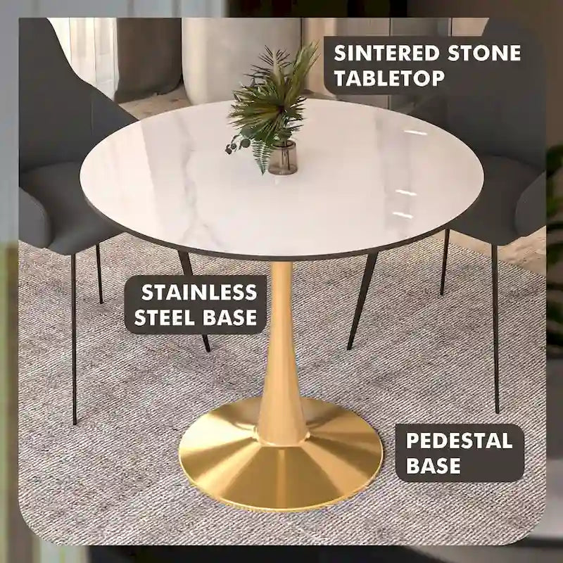 LeisureMod Round Dining Table 40 Sintered Stone Tabletop in Gold Steel Bistro Series
